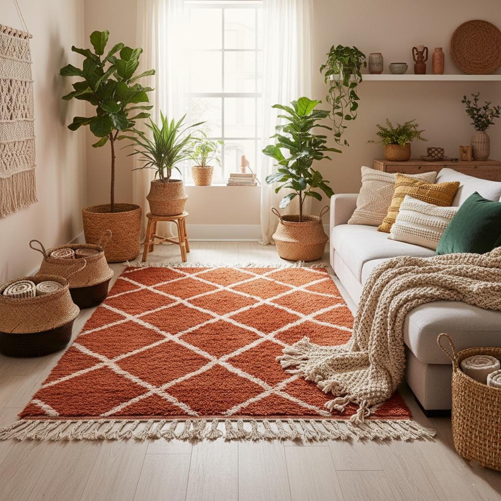 Handmade Moroccan Shag Rug – Terracotta Wool Diamond, Boho Decor