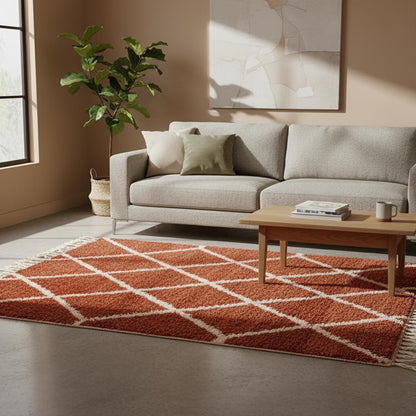 Bohemian handmade moroccan rug terracotta and white fringe – textured pile rug for bedroom décor