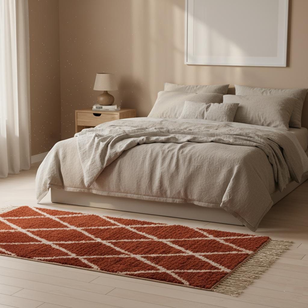 Handmade Moroccan Shag Rug – Terracotta Wool Diamond, Boho Decor