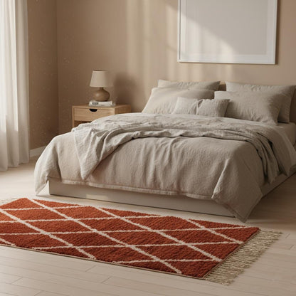 Handmade Moroccan Shag Rug – Terracotta Wool Diamond, Boho Decor