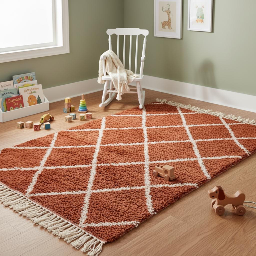 Hand-woven wool carpet in terracotta red with diamond pattern – stylish morocco style rug for modern home