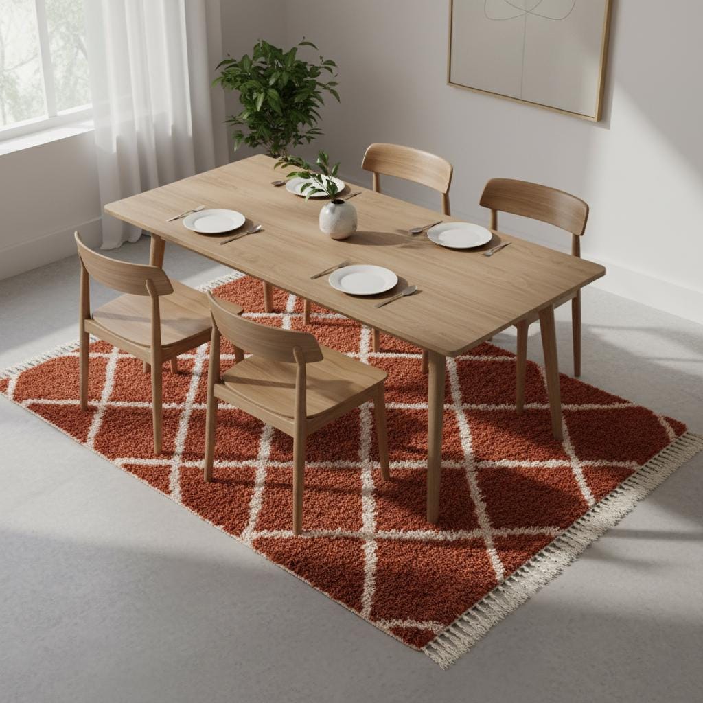 Textured plush wool rug terracotta diamond design – boho area rug handmade morocco inspired