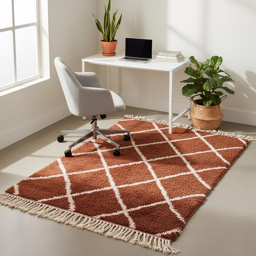Terracotta wool shag rug with off-white geometric diamonds – artisan carpet teppich for living space