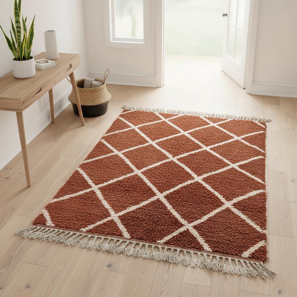 Handmade Moroccan Shag Rug – Terracotta Wool Diamond, Boho Decor