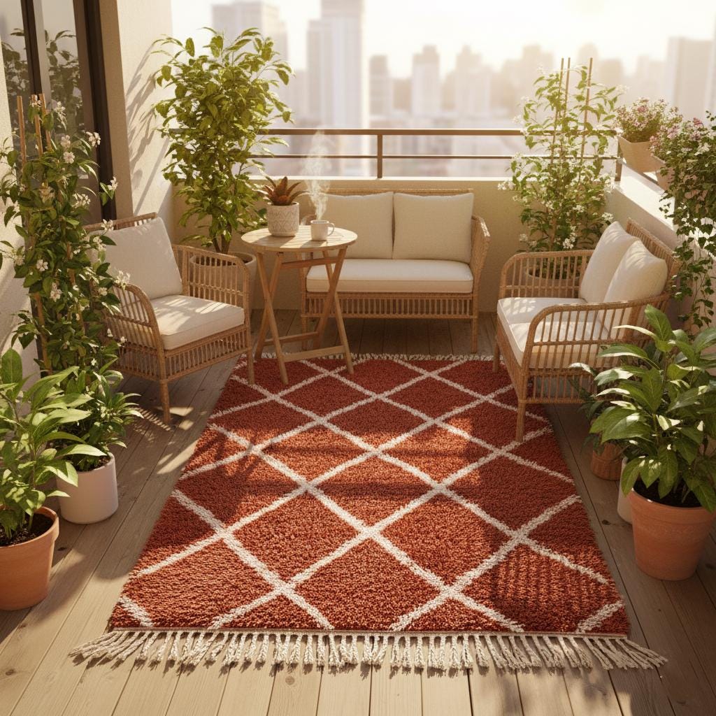 Handmade Moroccan Shag Rug – Terracotta Wool Diamond, Boho Decor