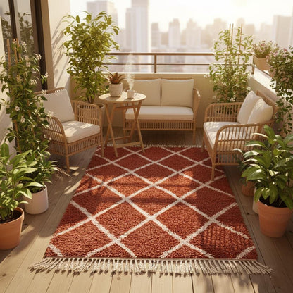 Handmade Moroccan Shag Rug – Terracotta Wool Diamond, Boho Decor