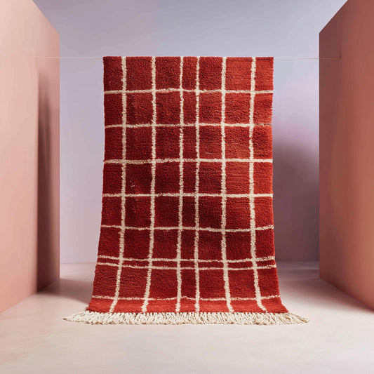 Handmade Moroccan wool rug with brick red base and white grid pattern featuring fringe ends and boho style