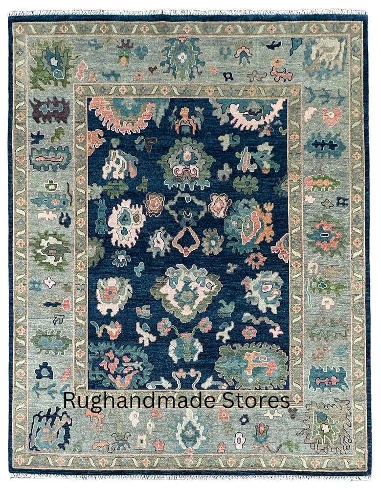 Handmade Oushak wool rug with blue and gray floral design, traditional Turkish knot, 8x10 area rug for living room decor