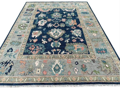 Handmade Oushak wool rug in blue and gray with intricate floral Turkish knot design, vintage 8x10 area rug for living room decor