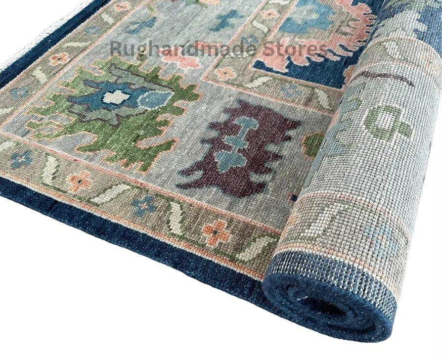 Handmade Oushak wool rug in blue and gray with intricate floral Turkish knot design, 8x10 area rug for living room decor