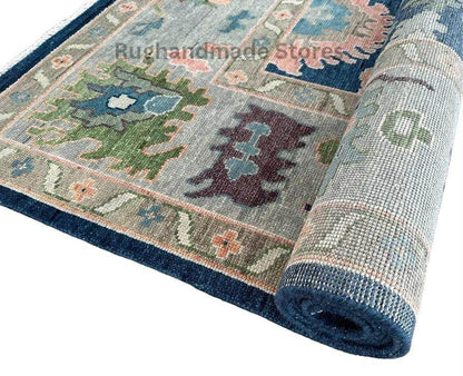 Handmade Oushak wool rug in blue and gray with intricate floral Turkish knot design, 8x10 area rug for living room decor
