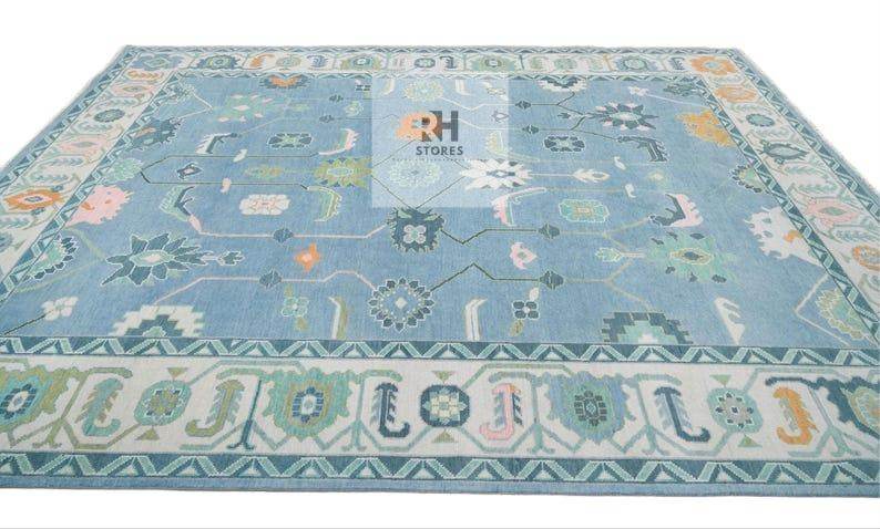 Handmade Oushak Wool Rug: Blue, Orange & White Turkish Knot Area Rug