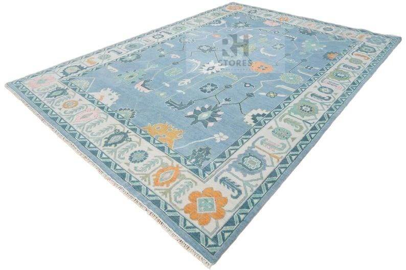 Handmade Oushak Wool Rug: Blue, Orange & White Turkish Knot Area Rug