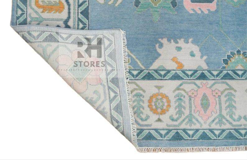 Handmade Oushak Wool Rug: Blue, Orange & White Turkish Knot Area Rug