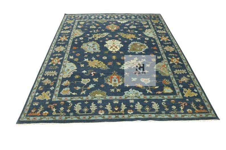 Handmade Oushak wool rug in olive green, beige, and gray with intricate floral Turkish knot design