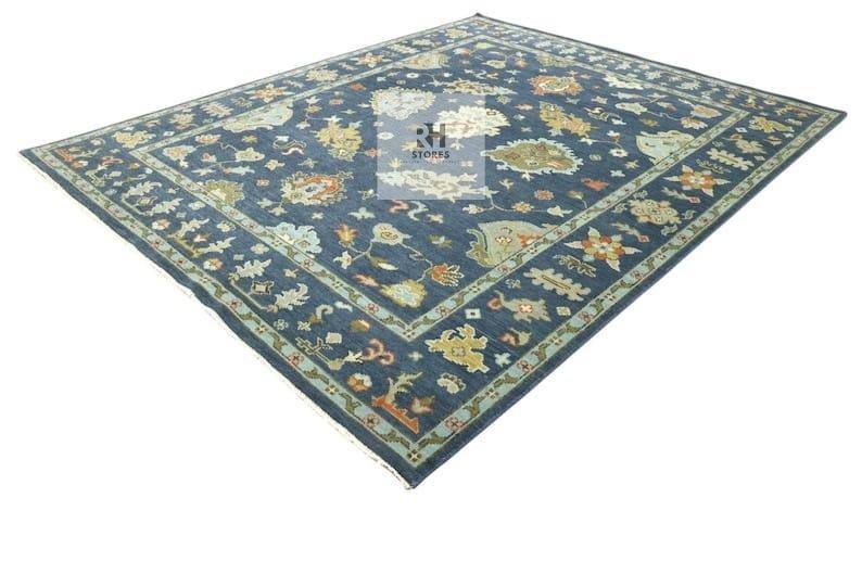 Handmade Oushak wool rug in olive green, beige, and gray with floral Turkish knot design for living room decor