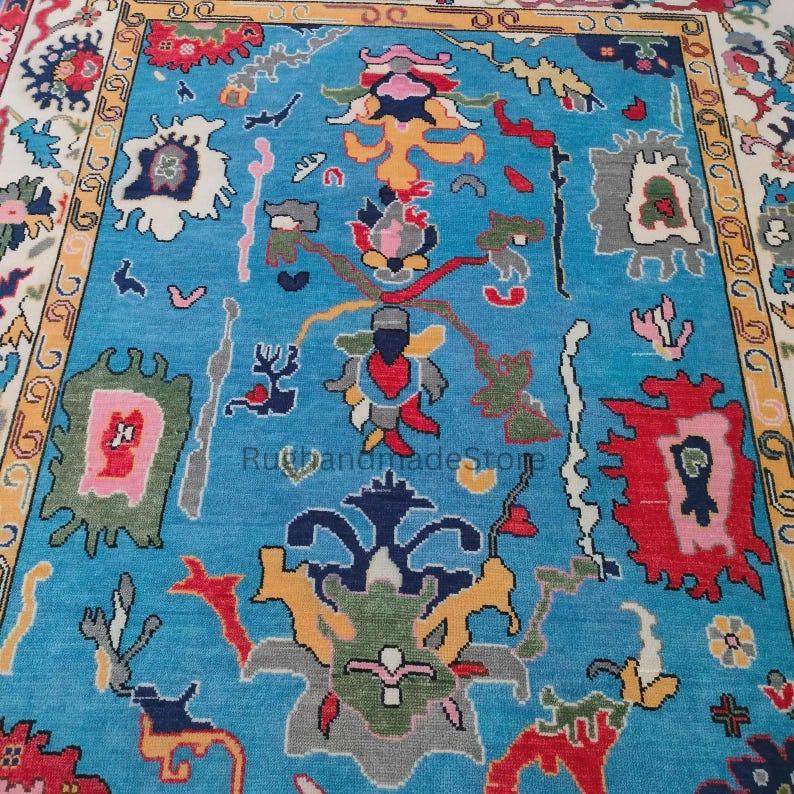 Handmade Oushak wool rug with dark blue floral design, Turkish knot, 8x10 area rug for living room decor