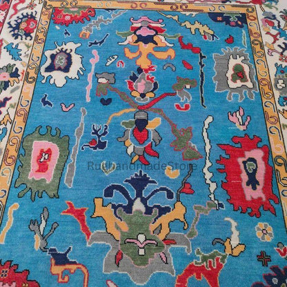 Handmade Oushak wool rug with dark blue floral design, Turkish knot, 8x10 area rug for living room decor