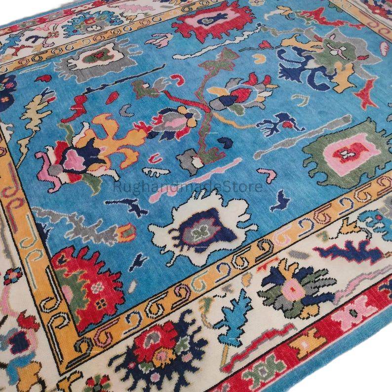 Handmade Oushak wool rug in dark blue with traditional Turkish knot design, 8x10 area rug for living room decor