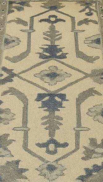 Handmade Oushak wool runner rug with ocean blue, green, and ivory floral design, 2.6x7 ft, handcrafted wool runner for hallway or living room