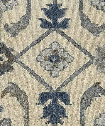 Handmade Oushak wool runner rug with ocean blue, green, and ivory floral design, 2.6x7 ft, rectangular luxury hallway runner