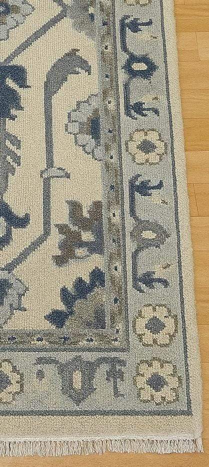 Handmade Oushak wool runner rug in ocean blue, green, and ivory with floral design, 2.6x7 ft.