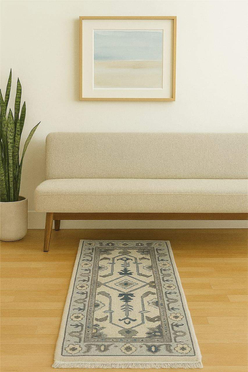 Handmade Oushak wool runner rug with ocean blue, green, ivory floral design, 2.6x7 ft, rectangular luxury hallway runner