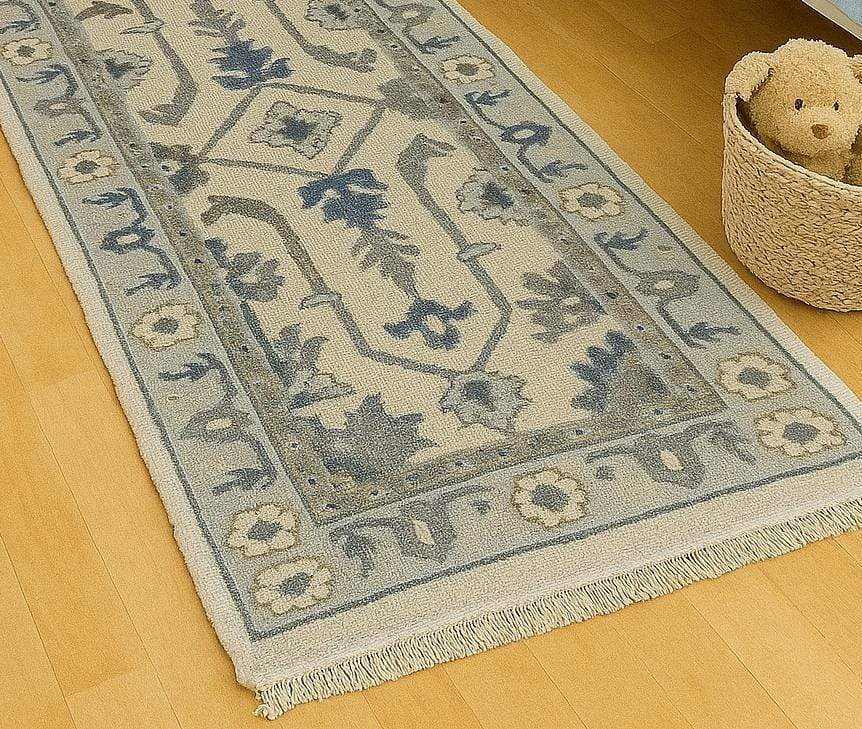 Handmade Oushak wool runner rug with ocean blue, green, ivory floral design, 2.6x7 ft, wool, knotted craftsmanship