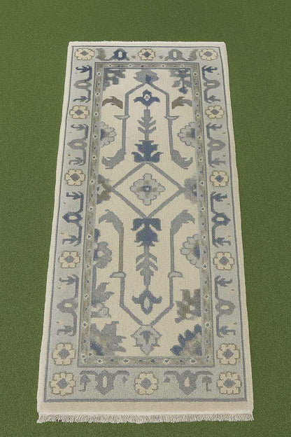 Handmade Oushak wool runner rug with ocean blue, green, ivory floral pattern, 2.6x7 ft, handcrafted for luxury hallway decor