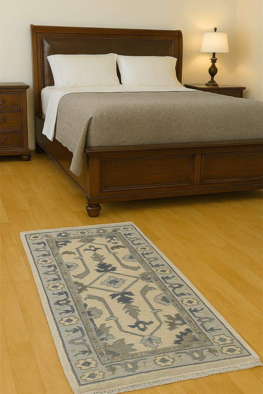 Handmade Oushak wool runner rug with ocean blue, green, ivory floral design, 2.6x7 ft, wool and orange accents.