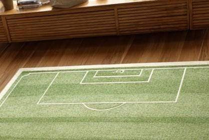 Handmade tufted wool soccer field rug for kids playroom, green rectangular sports-themed carpet