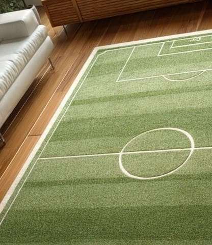 Handmade tufted wool soccer field rug for kids playroom, green 5x10 area carpet.
