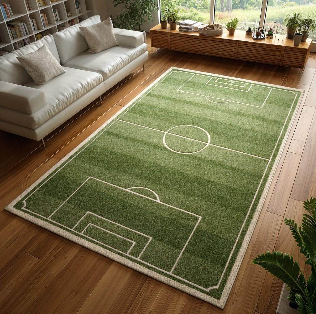 Handmade tufted wool soccer field rug for kids playroom, green rectangular area carpet 5x10 feet