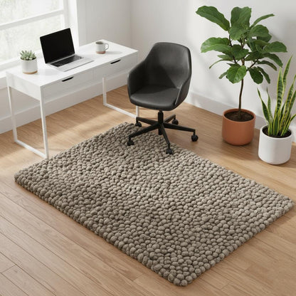 Handmade Taupe Felt Ball Rug – Chunky Wool Pom Pom Mat