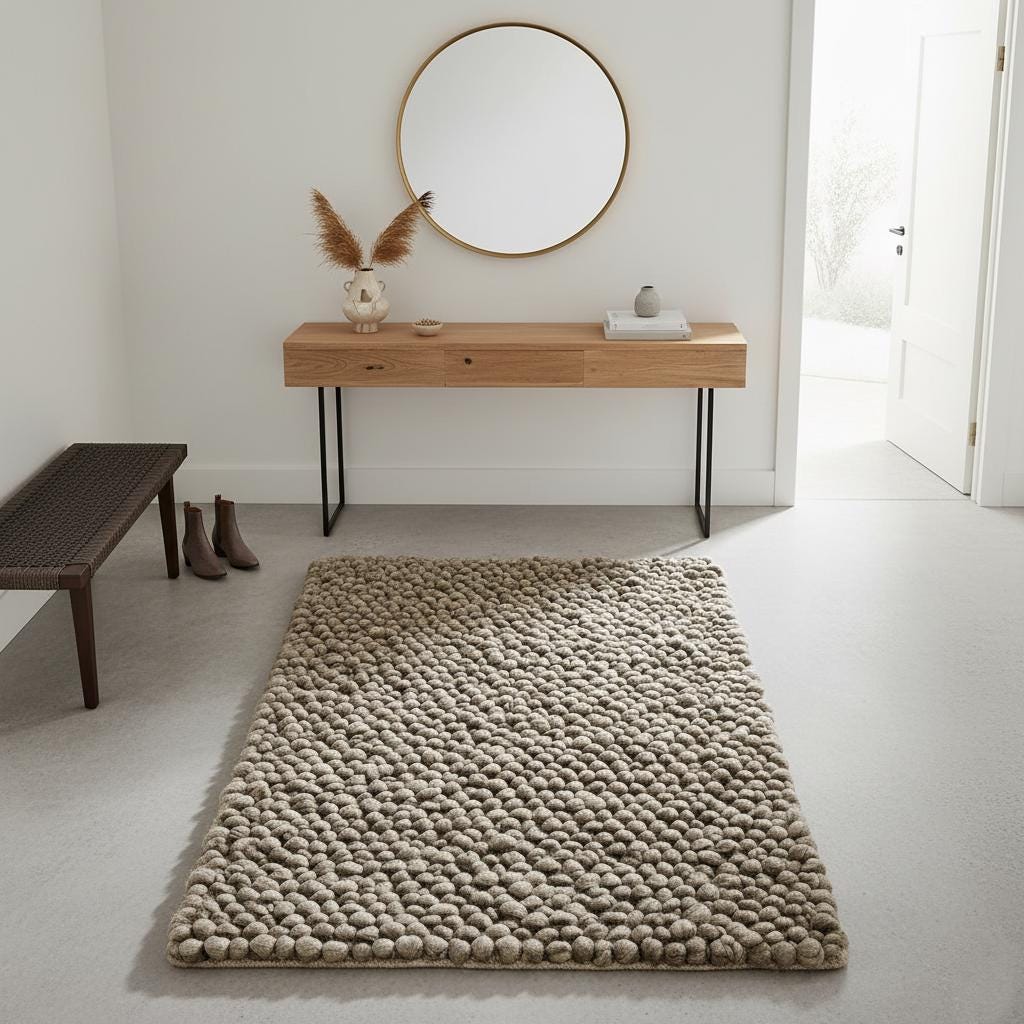 Handmade Taupe Felt Ball Rug – Chunky Wool Pom Pom Mat