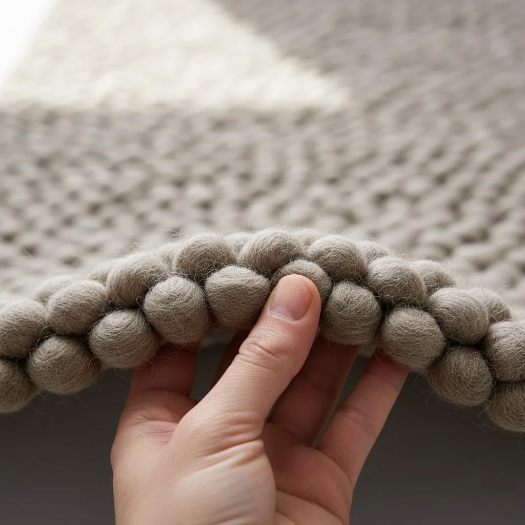Handmade taupe felt ball rug with chunky wool pom-poms in a rectangular shape