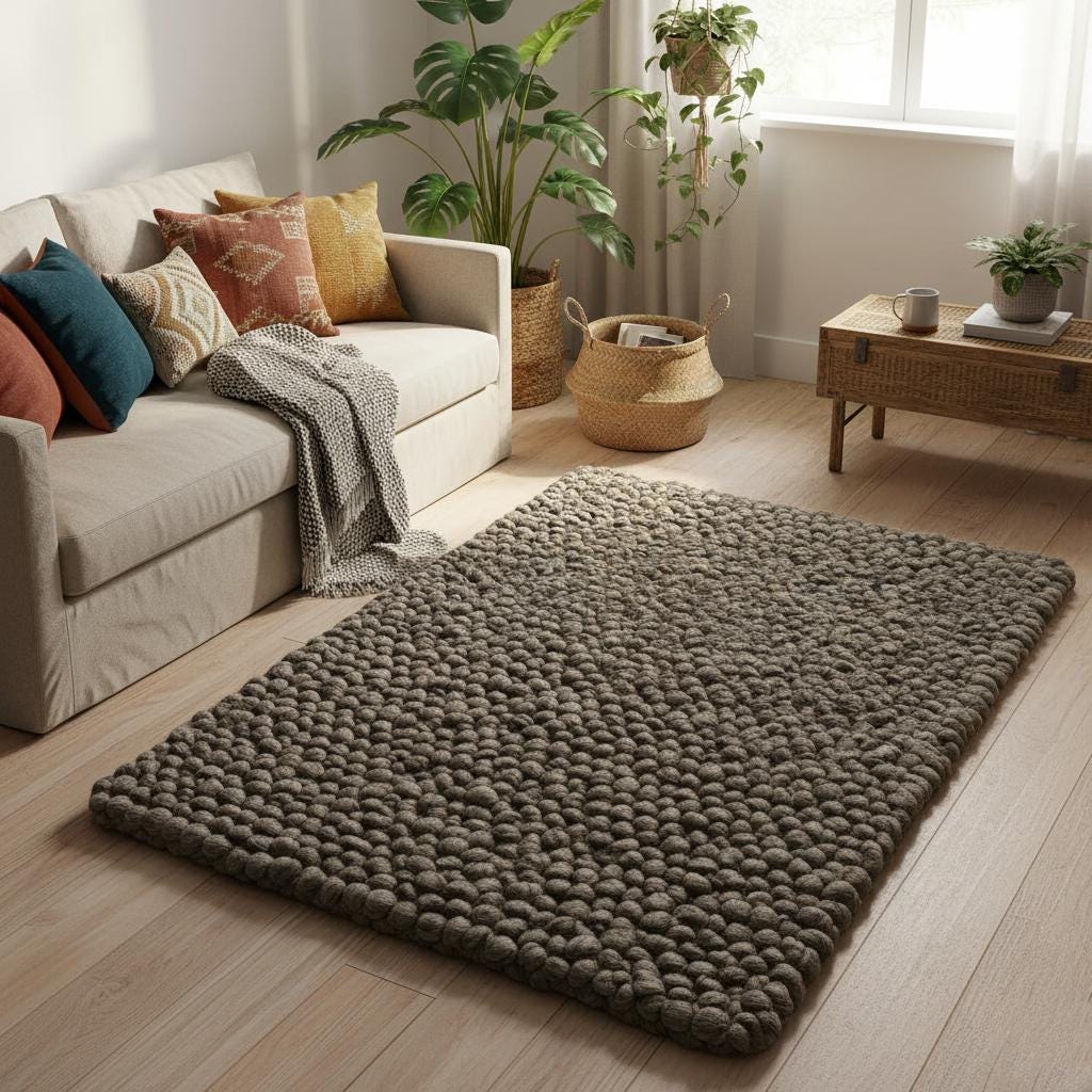 Handmade felt ball rug (rectangular) in neutral taupe with small dense pom-pom construction — soft tactile floor accent for cozy interiors.