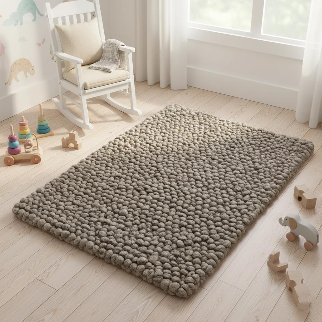 Neutral taupe felt ball floor mat, rectangular shape, chunky wool pom-pom texture — eco-friendly handmade rug for entryway or living room.