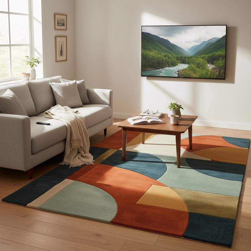 Handmade Tufted Abstract Rug, Modern Neutral Wool Carpet, Beige Cream Contemporary Area Rug, Custom Size Living Room Rug. Size- 6x9 feet Rug