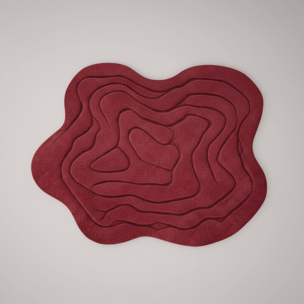 Handmade tufted red rug with modern 3D wave design and irregular shape
