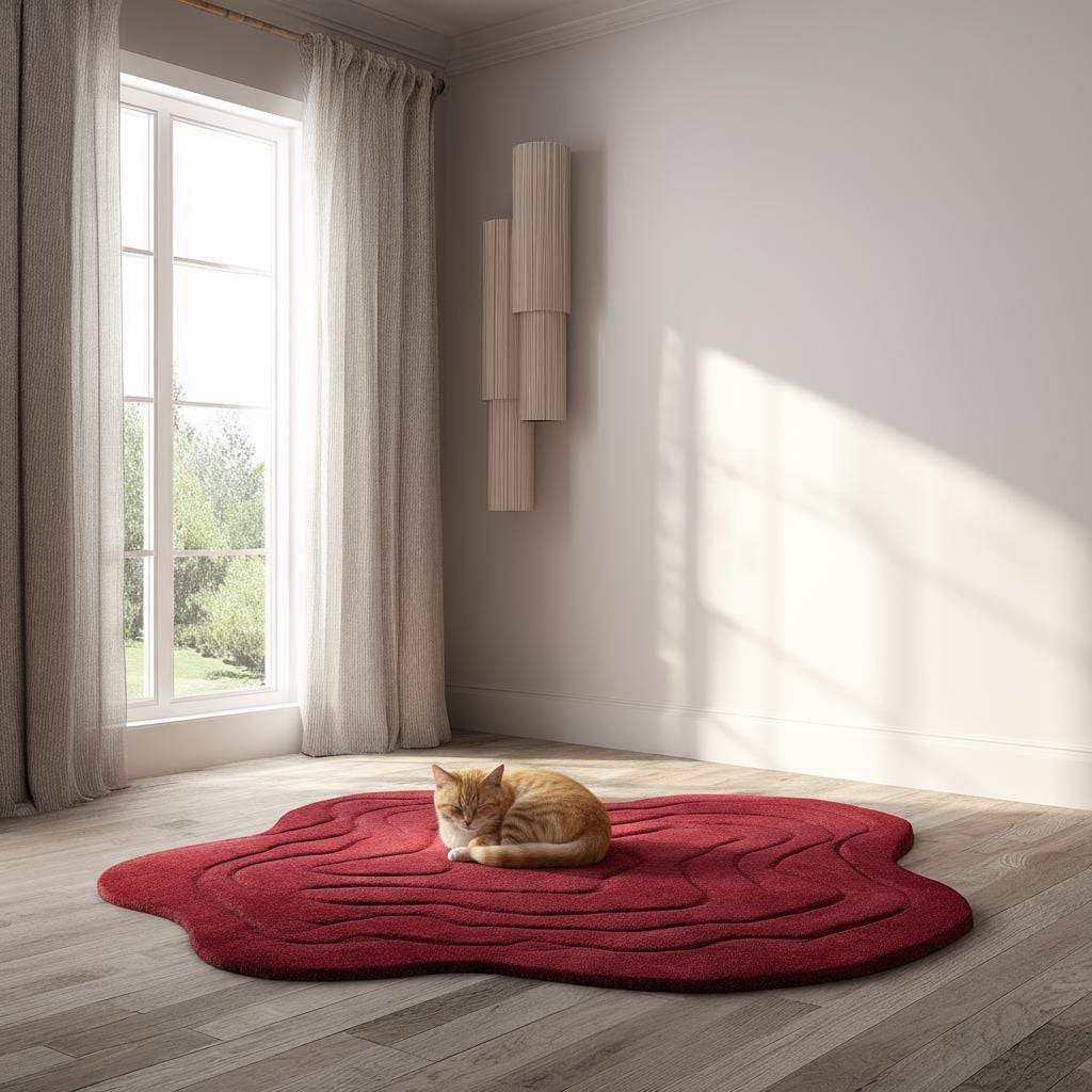 Handmade tufted red rug with modern 3D wave design and irregular shape