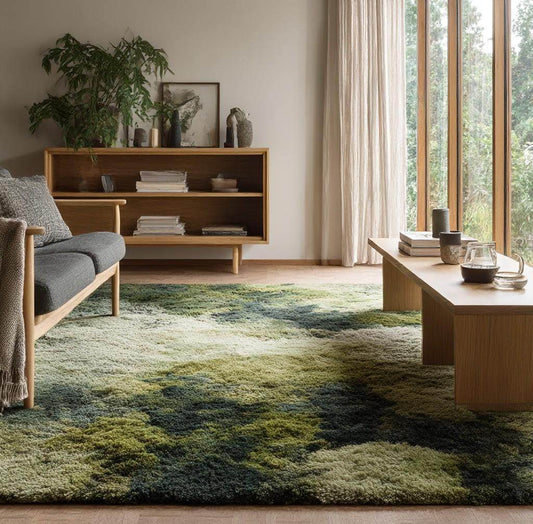 Handmade Tufted Wool Rug: Moss Green Abstract Boho Design