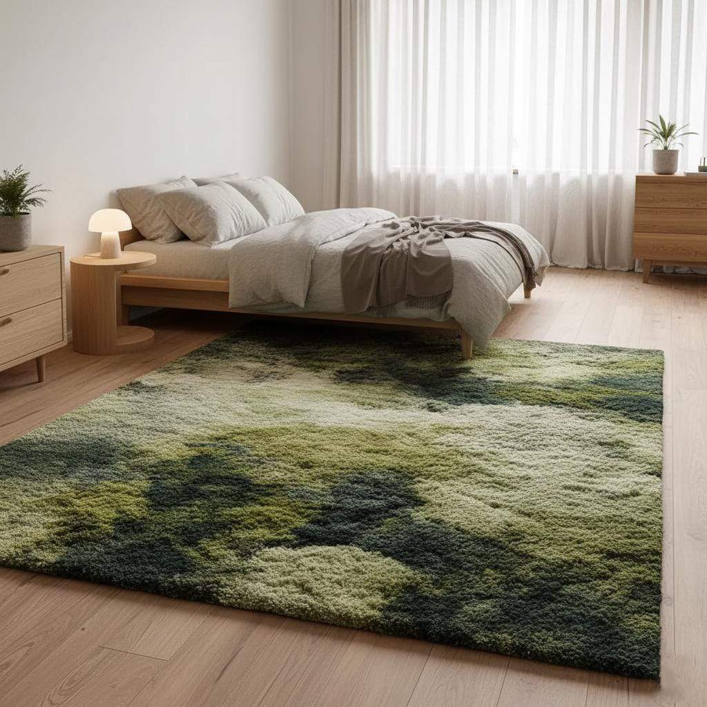 Plush high-pile rug in layered green shades resembling natural moss.