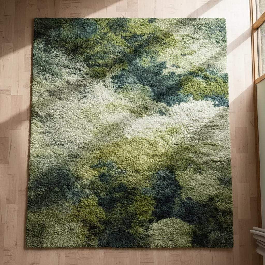 Soft shag rug in sage, moss, and forest green tones on wooden floor.