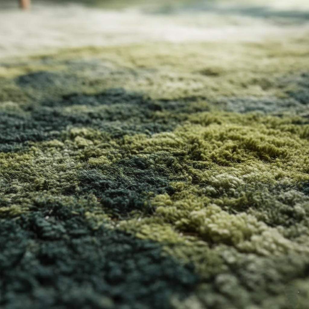 Close-up of thick high-pile green shag rug with lush texture.