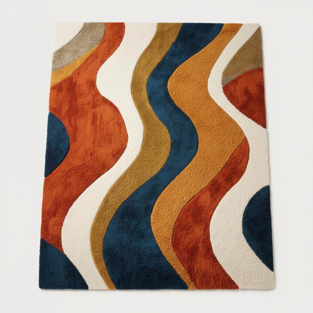 Handmade wavy area rug with retro mid-century modern colorful wave pattern in orange, blue, mustard, and cream tones
