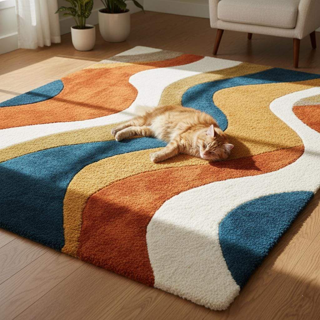 Handmade Wavy Area Rug: Mid-Century Modern Colorful Carpet
