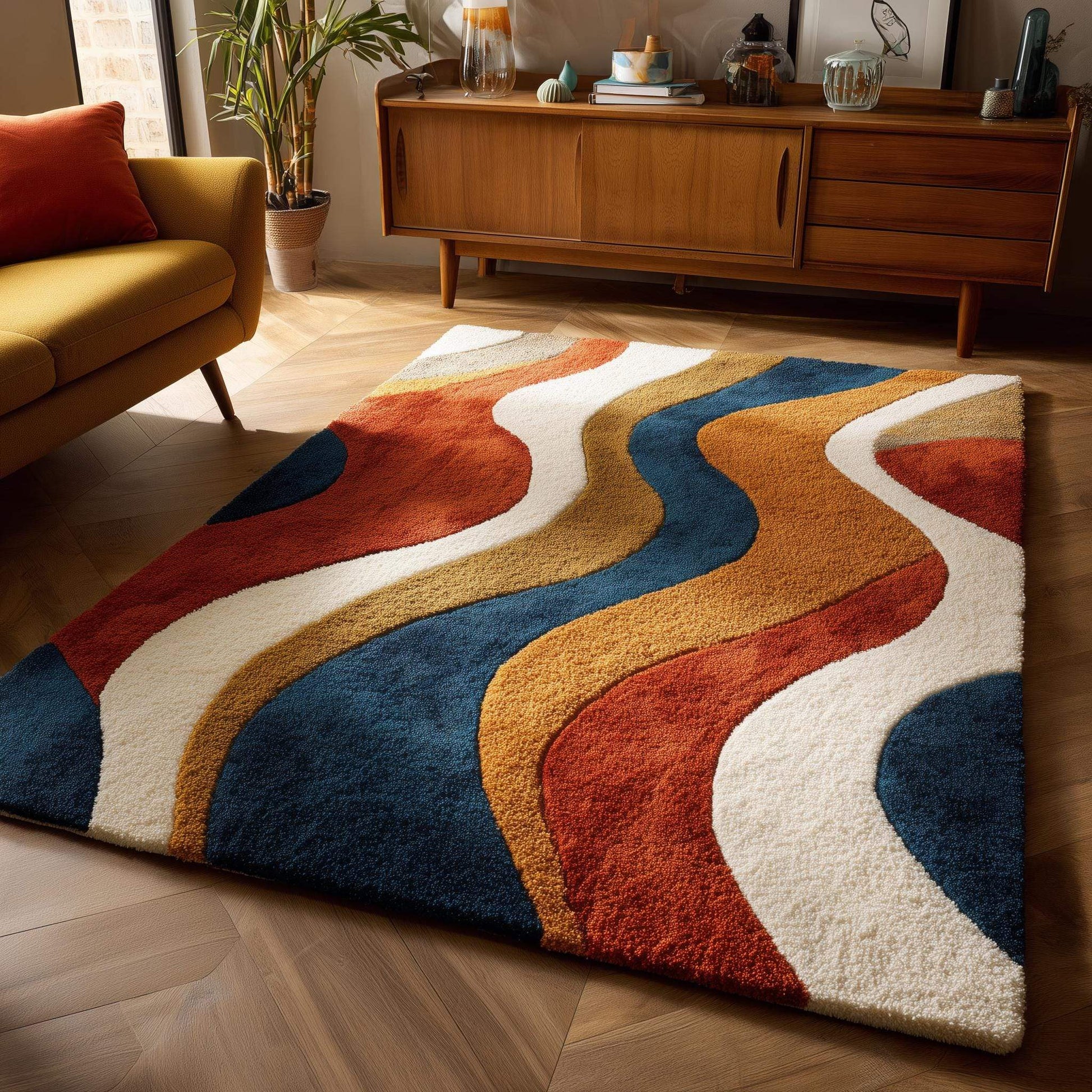 Handmade Wavy Area Rug: Mid-Century Modern Colorful Carpet