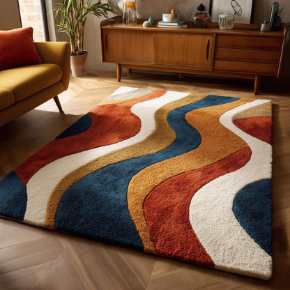 Handmade Wavy Area Rug: Mid-Century Modern Colorful Carpet