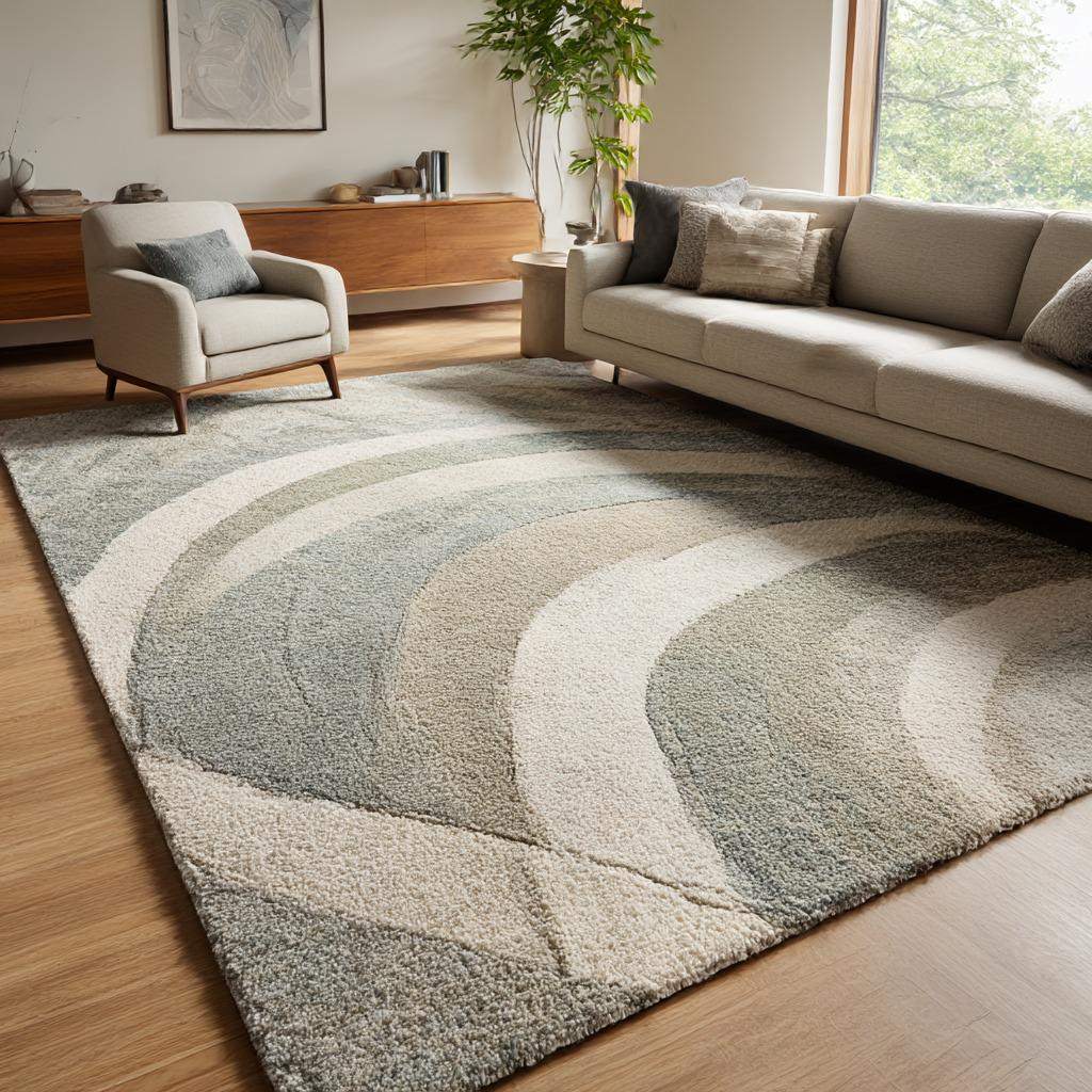 Handmade Wool Area Rug: Abstract Wave Design, Plush Neutral Rug